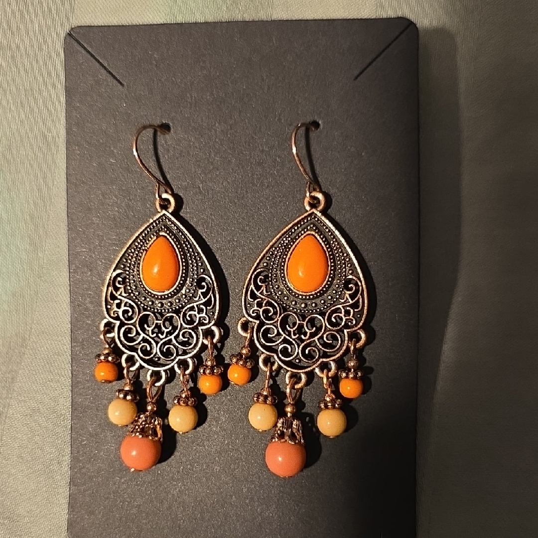 Elegant Orange And Bronze Colored Dangle Beaded Earrings